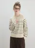 Diseño único, suéter de punto a rayas con botones para mujer, nuevo estilo otoño/invierno, corte holgado, efecto adelgazante, casual y versátil, cuello redondo