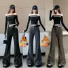 Calça de Lã Pelúcia Estilo Boot Cut Retro Plus de Alta Qualidade Transfronteiriça Nova Coleção Outono e Inverno 2025 Cintura Alta Slim Moda Casual