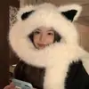 Chapéu de Inverno com Orelhas de Raposa e Pelo de Guaxinim para Mulheres, Cachecol Integrado com Aquecimento Extra, Luvas, Conjunto de Duas Peças
