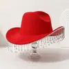 Elegante sombrero de vaquero occidental de fieltro con flecos para hombre, sombrero de otoño de comercio exterior europeo y americano, fedora de ala ancha para mujer, sensación de alta gama