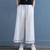 Calça larga bordada plus size 100kg perna larga, de algodão e linho, estilo retrô artístico para o verão, calça cropped casual estilo étnico para mulheres