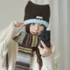Chapéu de Tricô Color Block Fofo com Orelhas de Gato Feminino Outono Inverno Quente Afina o Rosto Chapéu de Lã Touca Chapéu para Clima Frio
