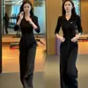 Conjunto deportivo de moda transfronterizo para mujer, marca de tendencia de otoño, top tipo cárdigan con cremallera entallado a la cintura y pantalones largos de pierna ancha, conjunto de dos piezas