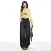 Jeans Preto Wide-Leg com Forro de Lã Estilo Retrô Americano para Mulheres, Outono e Inverno Espessado de Cintura Alta Solto Modelador para Baixinhas Calças Retas
