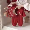 Enterizo de Primavera y Otoño Ropa para Bebé para Celebraciones de Mes Completo y Primer Cumpleaños, Mono Rojo Festivo Estilo Chino para Año Nuevo
