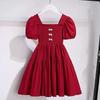 Vestido de princesa para meninas, novo vestido de verão para celebrantes da Internet, estilo ocidental, grande, infantil, gola quadrada, manga bufante, vestido de verão para meninas
