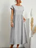 2026 Amazon Aliexpress Producto Nuevo Transfronterizo Europeo y Americano Vestido de Color Sólido sin Mangas Holgado de Algodón y Lino con Bolsillos en Stock