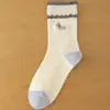 Calcetines de Algodón de Media Pantorrilla para Mujer, Estilo Coreano Universitario, Sueltos, Bordados, con Dibujos de Animales Lindos, con Borde de Encaje, para Otoño e Invierno