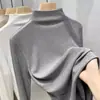 Camiseta de gola alta parcial com forro de fleece outono e inverno Camiseta interna de manga comprida estilo europeu feminina versátil de fio alta elasticidade