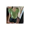 Camiseta de Mujer Verano Cuello en V Tejida de Seda de Hielo Manga Corta Estilo Coreano Moderna Estudiante Aspecto Adelgazante Camisa de Cuerpo de Media Manga