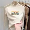Camisa base de outer wear para meninas em fleece dupla face, nova blusa casual com estampa de desenho animado, camiseta de gola semi-alta, mangas compridas escovadas