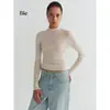 Camiseta básica de lana para mujer para otoño con ribete de encaje y mangas largas, cuello semi-alto, corte ajustado y diseño elegante