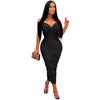 Aliexpress Amazon Moda Europeia e Americana Popular Vestido Sexy Feminino Cor Lisa Decote V Pregueado Venda Direta de Fábrica