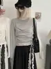 Camiseta KEKEZOON com barra franzida, plissado assimétrico dupla face, acinturada, manga longa, corte justo e modelagem que afina, gola redonda 9104