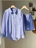 Conjunto de camisa listrada de manga longa com colarinho, decote nas costas e detalhe de laço, para primavera e outono, e shorts de cintura alta - Venda transfronteiriça da Amazon