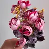 Flor de camelia artificial de seda para simulación, 5 tallos, 15 capullos perlados, pequeños racimos de té, decoración del hogar, flores falsas de simulación