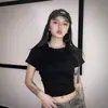 Camiseta Crop Básica Sexy Ajustada de Verano Nueva para Mujer, Estilo Retro Europeo y Americano, Cuello Redondo, Manga Corta