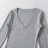 Atacado de Roupas Femininas Transfronteiriças 2025 Novo Outono Estilo Europeu e Americano Cor Lisa Gola V Manga Longa Camiseta Efeito Emagrecedor Top de Tricô