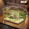 Aquário para iniciantes, anti-queda, para uso doméstico na sala de estar, para peixinhos dourados e tartarugas pequenas, caixa de armazenamento transparente, aquário ecológico retangular pequeno de mesa