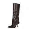 Botas largas de tubo alto para mujer estilo europeo y americano con punta fina, tacón de aguja, estampado de cocodrilo y piedra, caña ancha, corte recto, botas adelgazantes