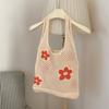 Bolso de Lana Estilo Coreano Nuevo Chic Simple Vintage Calado Tejido de Flores Bolso de Mano Gran Capacidad Bolsa de Compras