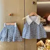 Roupas Infantis Transfronteiriças Verão 2026 Nova Renda Bordada Gola de Boneca Camisa Boneca Conjunto de Saia para Meninas Bebês