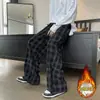Calça Moletom Xadrez de Veludo Cotelê com Forro de Fleece para Homens, Marca Tendência Outono e Inverno, Calça Esportiva Solta de Perna Reta, Calça Casual de Perna Larga