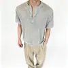 Camiseta de Tricô com Gola Redonda para Homens 2026 Verão Estilo Old Money Manga Curta Casual Masculina Cor Sólida Respirável Gola Henley Manga Meia