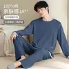 Pijama masculino para primavera e outono, adequado para todas as estações, feito de algodão puro, com mangas compridas e calças compridas, leve, adequado para adolescentes, tamanhos grandes