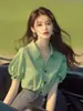 Estilo Francés Estilo Ligeramente Maduro Sentido de Diseño de Nicho Chic Único Hermoso Camisa Pequeña Estilo Menta Mambo Camisa de Manga Corta Verde para Verano