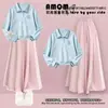 Conjunto de moletom para meninas, novo look de outono, saia-calça de perna larga dopamina infantil, top com gola estilo faculdade e calça para meninas
