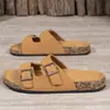 Sandalias de Suela de Corcho de Talla Grande para Hombres y Mujeres, Nuevas Pantuflas Retro de Ante con Doble Hebilla y Dos Tiras, Suministro Transfronterizo