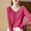 Suéter de punto de una pieza sin costuras para otoño e invierno, suéter de punto de moda con cuello en V para mujer, suéter casual versátil multicolor de manga larga para mujer