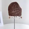 Gorro Tejido Calado Hecho a Mano Estilo Bohemio para Mujer, Gorro de Lana Transpirable para Verano con Borlas de Conchas, Gorro de Cabeza de Moda