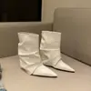 Botas de tacón alto apilado plateadas Chuyuji para mujer, Botines elegantes de punta para mujer petite, Otoño e Invierno