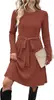Vestido Transfronteiriço Gola Redonda Canelado Manga Longa Patchwork Xadrez Cadarço Cintura Marcada Corte A Estilo Europeu Outono/Inverno Roupas Femininas