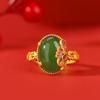 Anel de Dedo de Veado Prata Esterlina S925 Banhado a Ouro Jaspe Retrô Elegante Face de Ovo de Orquídea Anel Aberto de Orquídea Chinês Antigo