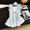 Verano Nuevo Estilo Coreano Dulce Lunares Falso Dos Piezas Top para Mujer Ribeteado de Encaje con Lazos Estilo Suave Blanco