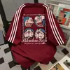 Camiseta de Manga Corta con Estampado de Dibujos Animados Anime, Patchwork de Tres Rayas para Mujer, Verano 2025, Estilo Perezoso Casual, Top de Moda