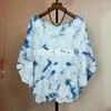 Top tie-dye para comercio transfronterizo, camisa de seda y lino tie-dye bordada de manga media con cuello camisero, cuello redondo, corte holgado, top estilizado y que estiliza