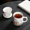 Juego de tres tazas de porcelana blanca, taza de oficina para beber té, separación de té y agua con tapa, juego de regalo para preparar té
