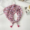 Pañuelo pequeño cuadrado de algodón y lino con borlas de 58 cm Protector de cuello Bufanda suave Pañuelo decorativo para la cabeza Pañuelo floral Retro Pequeño Fresco