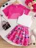Comércio Exterior Roupas Infantis Conjunto de Verão para Meninas Doce Blusa Rendada + Colete de Alça Borboleta + Saia Conjunto de Três Peças