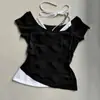 Estilo Europeu e Americano Doce de Verão Y2K Falso Duas Peças Americano Doce e Picante Camiseta de Manga Curta para Mulheres, Top de Corte Justo, Liso Tendência DIY