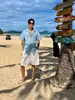 Camisa de manga corta plisada con cuello cubano, estilo "Old Money", diseño de fábrica "Tie-Dye Azul Hielo Seersucker" para hombre, corte holgado, camisa de moda