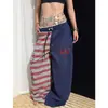Pantalones casuales retro de retazos bicolor estilo americano a rayas para mujer, verano jazz sueltos fluidos doble estrella danza jazz pantalones curvos