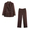 Roupas Femininas Transfronteiriças 2026 Moda Europeia e Americana Conjunto de Terno de Linho Solto com Lapela Dupla e Botões Duplos + Calças Feminino F612357