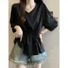 Camisa Base de Manga Três Quartos com Gola para Mulheres, Roupa de Verão, Tamanho Plus, Emagrecedora, Design de Luxo, Ajuste na Cintura, Blusa que Cobre a Barriga