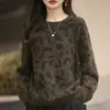 2025 Nuevo Otoño e Invierno Agradable a la Piel Punto Grueso de Siete Puntos Cuello Redondo Manga Larga Estampado de Leopardo para Mujer Parte Inferior Cepillada