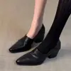 Primer Encuentro Temporada Estilo Retro Británico Mocasines de Piel para Mujer, Zapatos de Tacón Alto sin Cordones para el Trabajo, Zapatos Planos de Punta Aguda con Tacón Grueso
